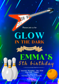 Music bowling neon party invitation A6 template