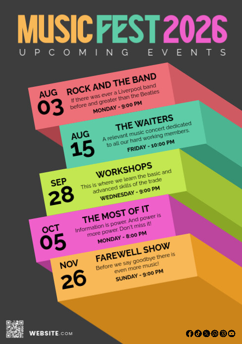 Music Festival Events Poster – Colorful Timeline A4 Schedule Template