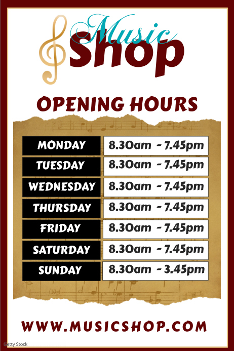 Music Shop Opening Schedule Poster Template Postermywall