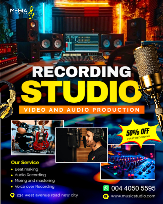 Videostudio Flyer Music Sound Recording Studio video audio production lab room company ...