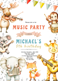 Musical animals Birthday Party invite A6 template