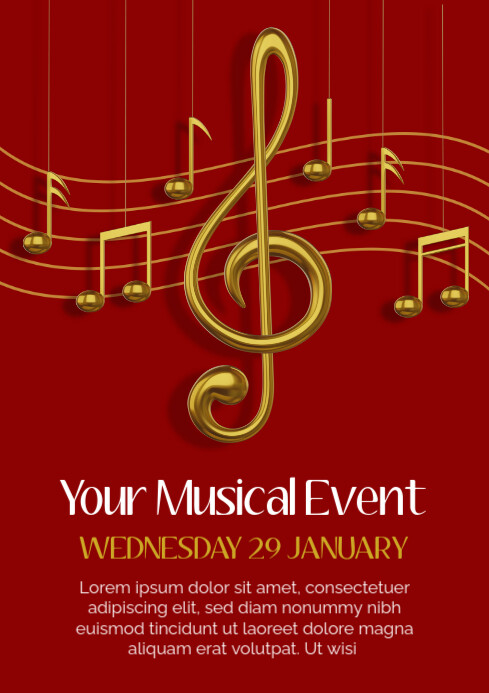 musical event flyer with 3d gold musical notes and treble clef Template ...