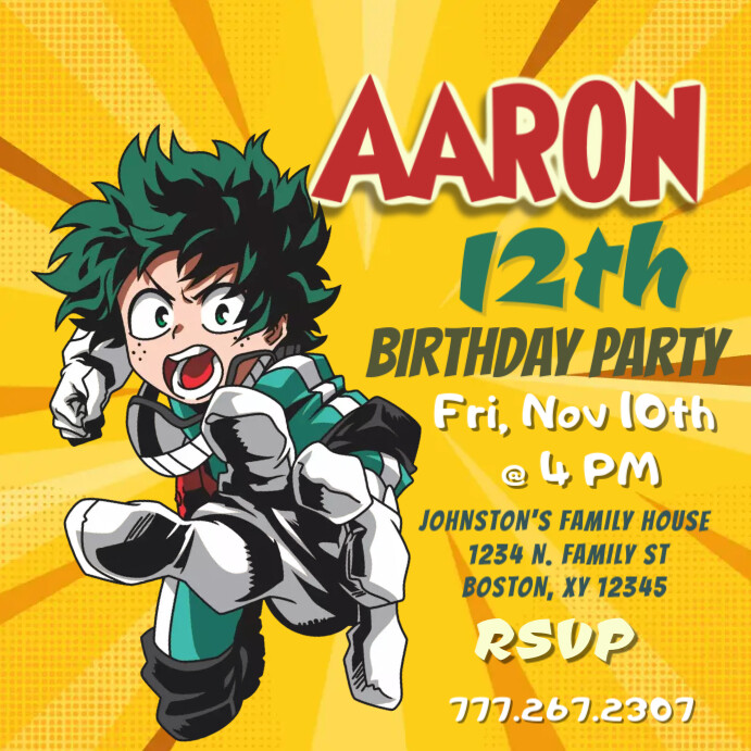 My Hero Academia Anime Deku Birthday Invitati Template | PosterMyWall my-hero-academia-anime-deku-birthday-invitati-template-postermywall