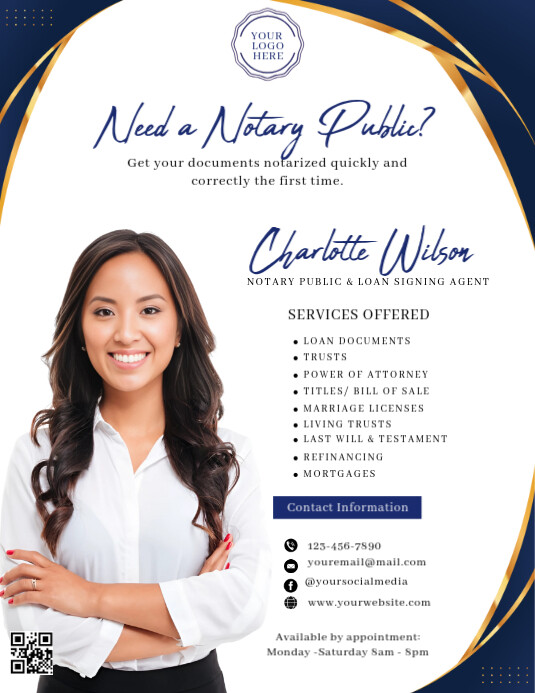 Navy Blue and Gold Notary Service Flyer Pamflet (VSA Brief) template