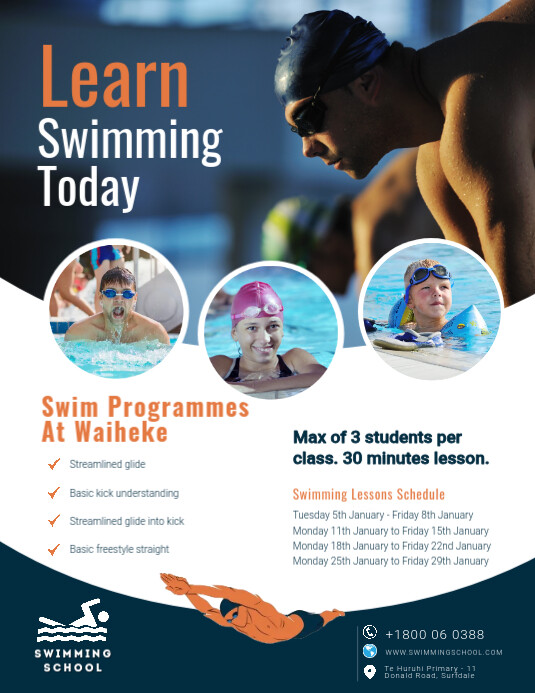 Navy blue and white swimming lessons flyer Pamflet (VSA Brief) template