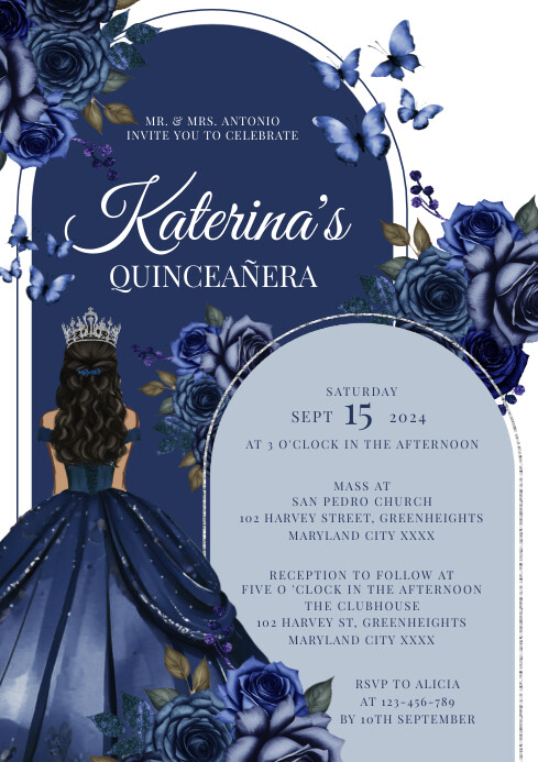 Navy Blue Floral Quinceañera Invitation A4 template