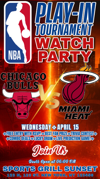 NBA Play-In Tournament 2025: Bulls vs Heat Watch Party Instagram Story Template