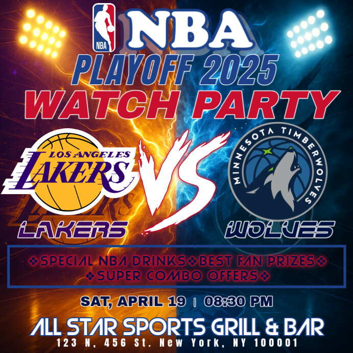 Plantilla de NBA Playoff 2025: Lakers vs Timberwolves Watch Party ...