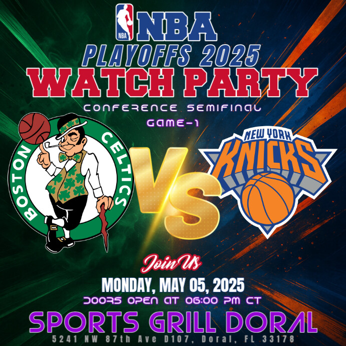 Plantilla de NBA Playoffs 2025 Round 2: Celtics vs Knicks Watch Party ...