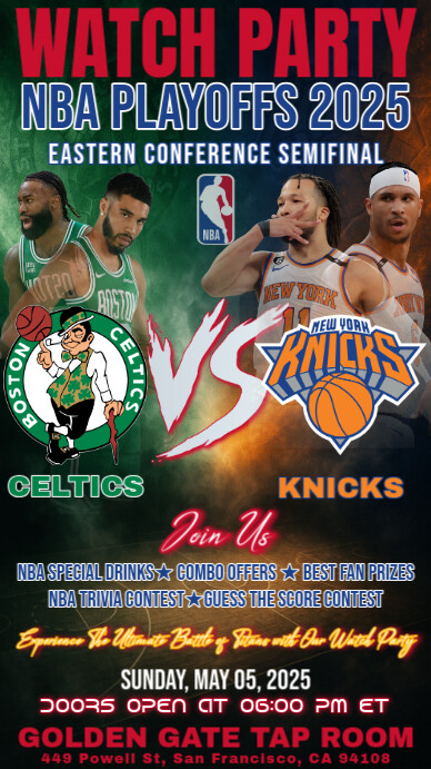 NBA Playoffs Round 2: Celtics vs Knicks Watch Party Instagram Story Template