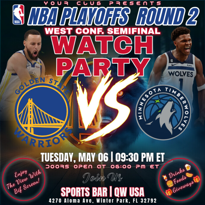 NBA Playoffs Round 2: Warriors vs Timberwolves Watch Party Instagram Post Template
