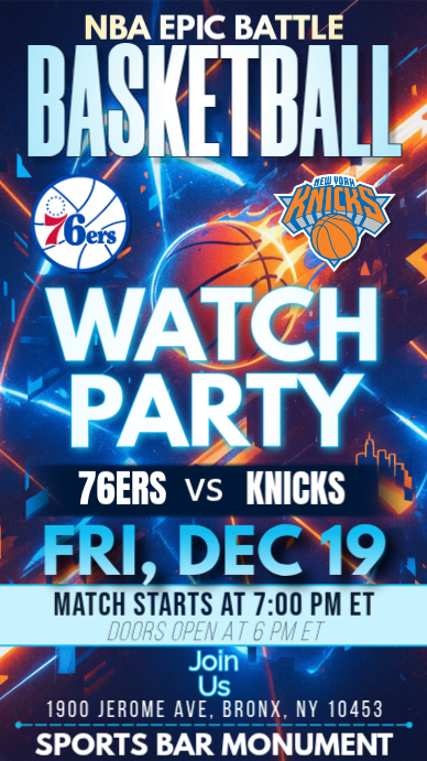 NBA Watch Party : New York Knicks vs Philadelphia 76ers Instagram Story ...