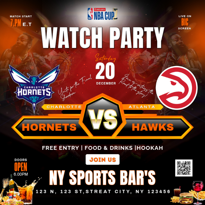 nba watch party hornets vs hawks match instagram post template ...