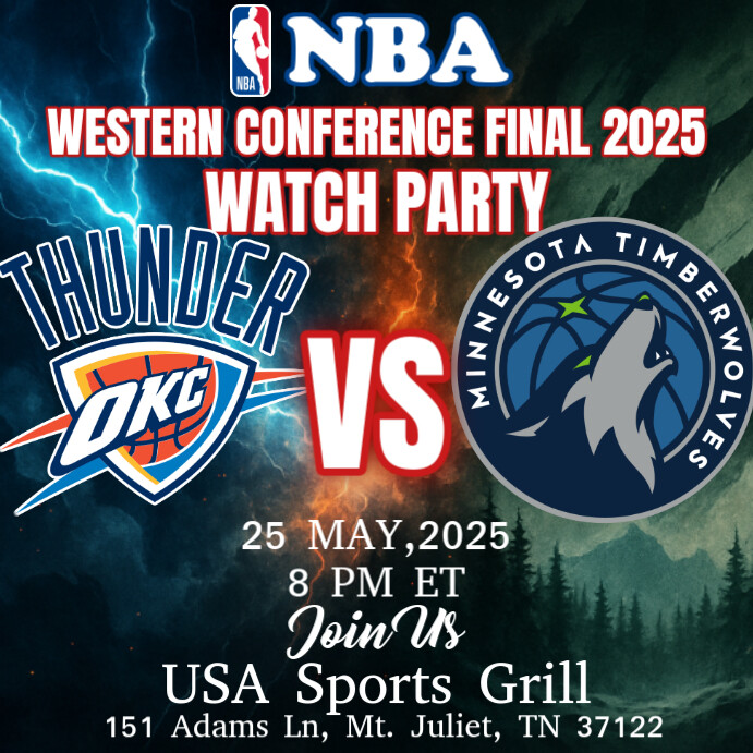 NBA Western Conference Finals 2025: OKC Thunder vs Timberwolves Watch Party Instagram Post Template