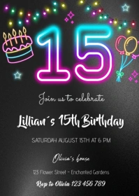 neon 15th birthday invitation A6 template