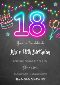 NEON 18TH birthday invitation A6 template