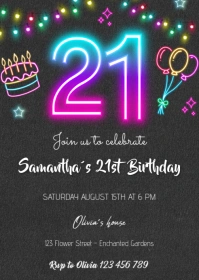 neon 21st birthday invitation A6 template