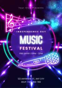 Neon 4th July Independence Day Music Festival Ad Flyer Template Design A2