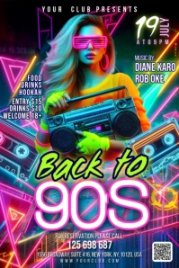 Neon Back To 90's Retro Party Banner 4' × 6' template