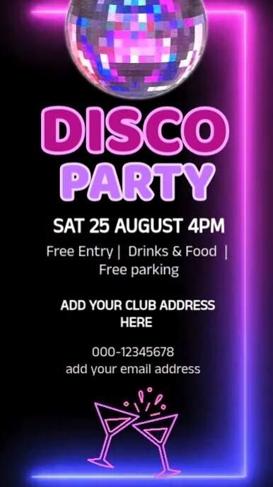 Club disco party neon invitation template Digital Display (9:16)