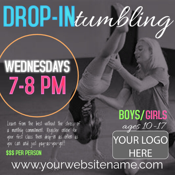 Neon Drop-in Tumbling Class Instagram Post Template | PosterMyWall