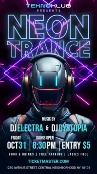 Neon Futuristic Trance Club Party Flyer Template Instagram Story & Vertical Digital Display