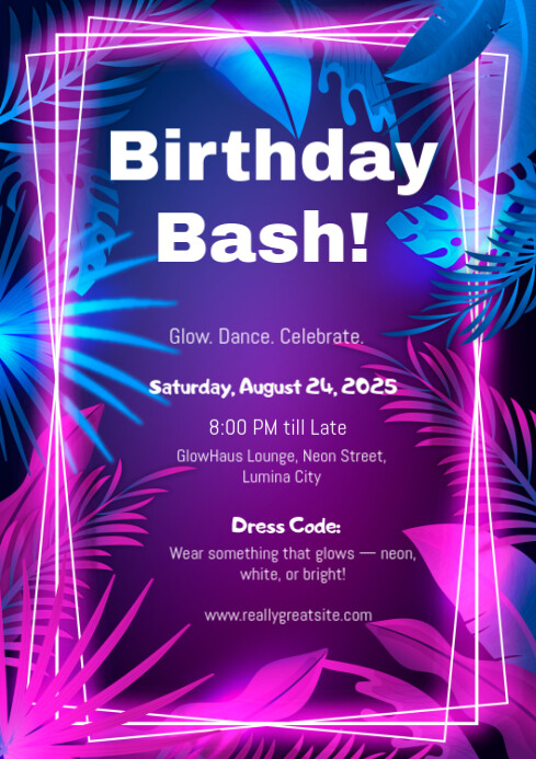 Neon Glow Adult Birthday Party Flyer Template A4