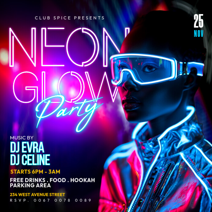 Neon glow party invitation Instagram post flyer template
