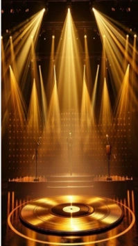 Neon Golden Stage Lights With Vinyl Record Background Digital Display (9:16) template