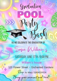 Neon Graduation Pool Party invitation A6 template