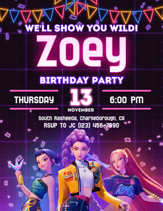 Modèle Neon Huntrix Kpop Demon Hunters Birthday Invitation | PosterMyWall