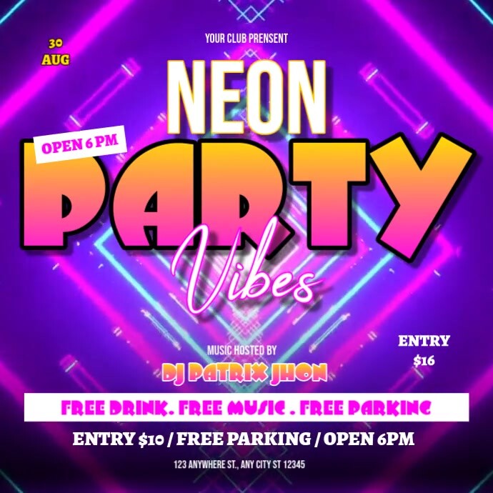Neon party vibes video Сообщение Instagram template