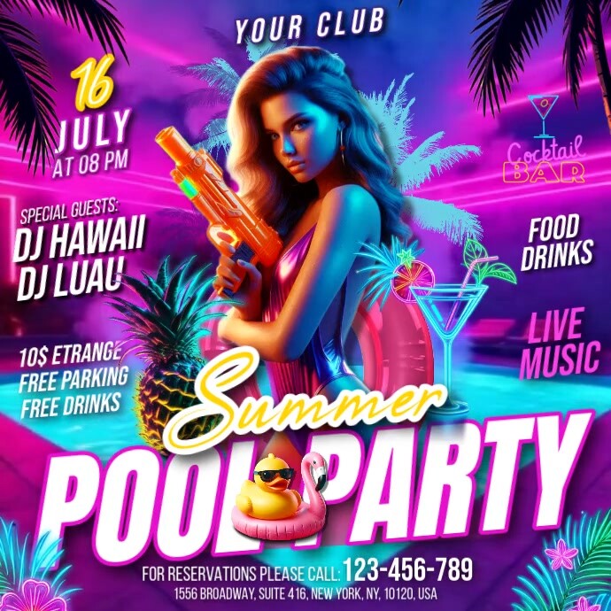 Neon Pool Party Square (1:1) template