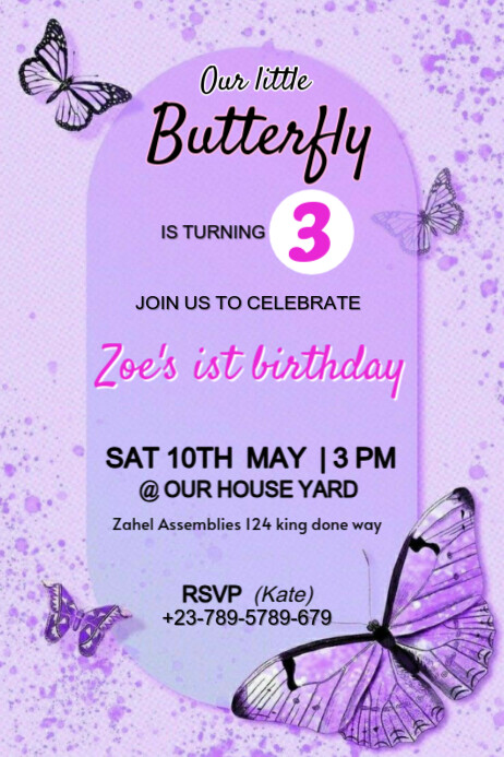 Neon Purple Butterfly Birthday Invitation Card  Poster template