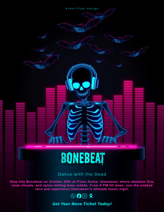 Skeleton Rave Cd Neon skeleton Halloween rave music party flyer template | PosterMyWall