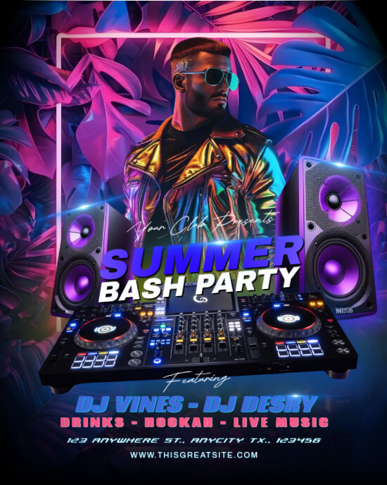 Neon Summer Bash Party A4 Instagram Portrait template