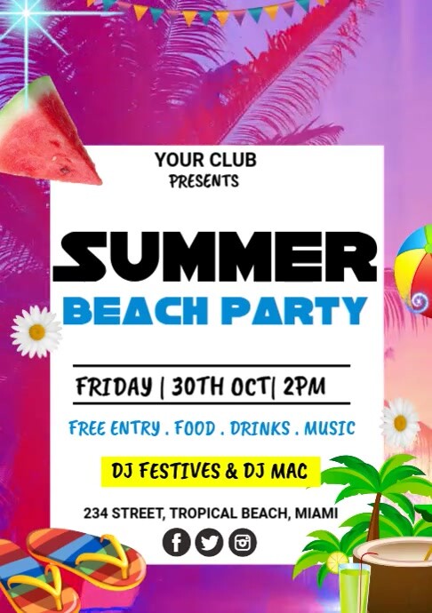Neon Summer Beach Party  A4 template