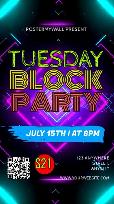 Plantilla de Neon Tuesday Block Party Reel Instagram | PosterMyWall