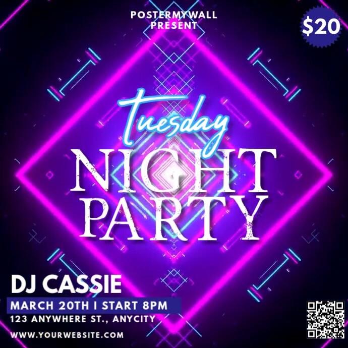 Plantilla de Neon tuesday night party instagram post | PosterMyWall
