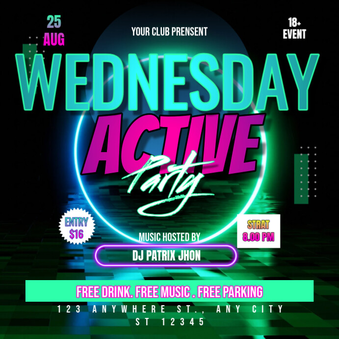 Neon wednesday active party instagram post Template | PosterMyWall