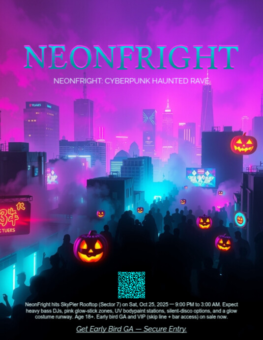 NeonFright — Cyberpunk Haunted Rave Flyer Template 2025 | PosterMyWall