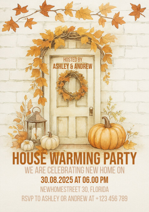New Home fall and Autumm housewarming invitation A5 template