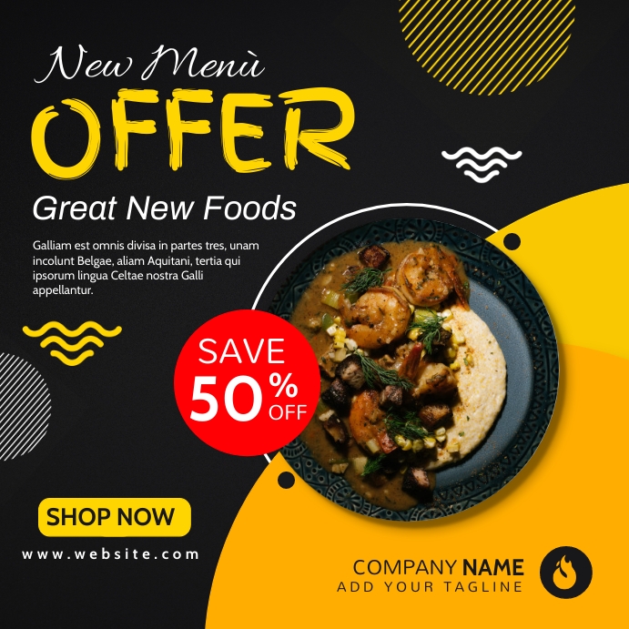 new menu offer advertising grey yellow and re Template | PosterMyWall