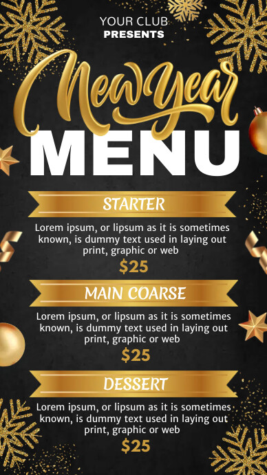 new year, menu, new year menu Digitale display (9:16) template