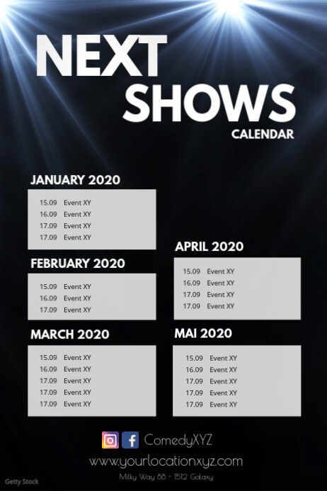 Next Shows Upcoming Events Calendar Planner Póster template