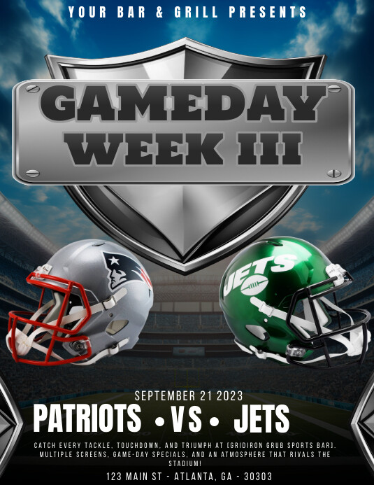NFL 2023 WEEK 3 FLYER PATRIOTS VS JETS Template PosterMyWall nfl-2023-week-3-flyer-patriots-vs-jets-template-postermywall