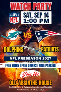 NFL 2025: Dolphins Vs Patriots Preseason Watch Party Poster Template Affiche