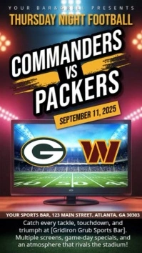 Nfl Football Sports Bar Social Media Post. Commanders vs packers Instagram Story template