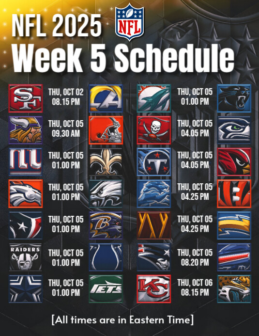 Nfl Week 5 Schedule 2025 – Full Matchups, Dates & Times Flyer (us ...