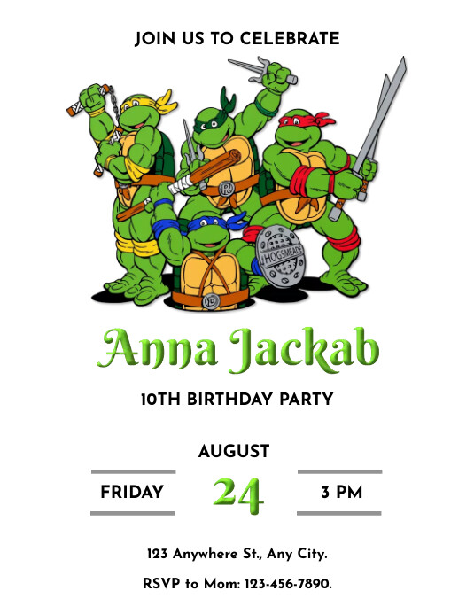 Ninja Turtle Invitation, TMNT invitation, Teenage Mutant Ninja Turtles Birthday Invite Folheto (US Letter) template